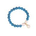 Blue textured bead bracelet featuring natural white pearls and a gold zircon charm - Turquoise-Round White Zircon
