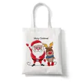 White canvas tote bag featuring a cartoon Santa and Reindeer Merry Christmas print - C4 Santa Claus and Reindeer