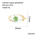 Macro view of gold-plated evil eye pendant with measurements and product specifications - Light Green