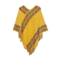 Detail of ginger yellow knitted poncho with ethnic geometric patterns and fringe tassels - Yellow