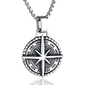 Close-up of vintage stainless steel compass pendant with detailed star motif and box chain - Eight-Pointed Star Compass Style