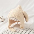 Plush cream baby knitted winter hat featuring adorable bunny ears and button strap - Plush Penguin [Beige]