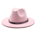 Pink wool felt fedora hat with gray woven belt and silver buckle for women and men - M (56-58cm) / Pink