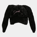 Dettaglio cappello in peluche nero con orecchie da coniglio e fiocco rosa ricamato - Regolabile / Nero