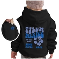 Black kids hoodie featuring blue Tulum Mexico 1971 beach wave back print design - 100cm / Black (Blue Print)