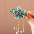 Blue enamel flower hair clip with golden tassels and pearls in a vintage Chinese style - F0354 Style 3