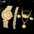 Elegant 5-piece gold rhinestone watch set with bracelet, ring, necklace and earrings - Flower Pendant 5-Piece Set / Gold