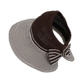 Women's open-top straw sun hat with dark brown stripes and a large decorative bow - Coffee