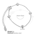 Silver stainless steel heart chain bracelet with four polished charms and adjustable clasp - Vertical Heart Bracelet / Silver