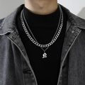 Silver double-layered Cuban link necklace with Gothic letter A pendant for men - Letter N (Double Chain + Pendant)