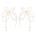 Elegant beaded bow dangle earrings in white and gold for women, chic fashion jewelry - White Seed Bead Woven Bow Dangle Earrings (X169) / White