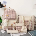 Ensemble scolaire 5 pièces à carreaux roses avec sac à dos, fourre-tout et breloque ours - Rose