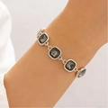 Elegant silver bracelet with square dark grey acrylic stones on female wrist - Antique Silver Square Stone Bracelet (22)