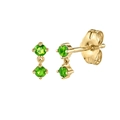 Macro view of gold-plated drop earrings featuring two round-cut emerald green zircons - Vertical Double Stone Studs