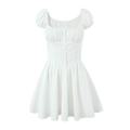 Chique witte korte jurk met vierkante hals, pofmouwen en geplooide knoopdetails vooraan - S / Wit