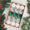 15-piece velvet Christmas balls in white, silver, and green within a brown gift box - Velvet Green Series (15PCS)