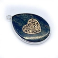 Teardrop pendant with green stone, silver frame and golden hollow heart filigree - No.6-Heart Pattern