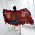 Ethnic geometric beach shawl with colorful maze pattern and tassel details shown on model - Violet-Multicolor Geometric Maze Tassel / 180cm / Violet