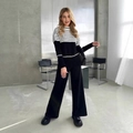 Ensemble en tricot pour femme avec haut rayé noir et blanc et pantalon large noir - S / Noir