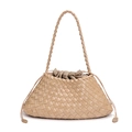 Fashionable beige hand-woven shoulder bag with drawstring pouch and wide leather strap - Maltose