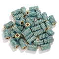 Detailed view of golden cylinder beads with blue rhinestones for DIY jewelry making - Blue