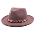 Detail of mauve wool fedora hat featuring a chunky gold chain band and curled brim - M (56-58cm) / Deep Purple