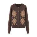 Cardigan in maglia marrone caffè con motivo a rombi, scollo rotondo e bottoni frontali - S / Marrone