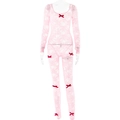 Detail of pink lace bodysuit featuring delicate mesh patterns and red decorative bows - S / Pink