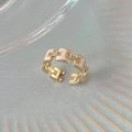 Gold open ring featuring H-link chain design with beige enamel inlay and tiny crystals - Open Adjustable / H-Shaped Enamel Rhinestone Style (JZ6622)