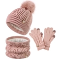 Pink winter knit set with pom-pom beanie, plush neck warmer and touchscreen gloves - Pink