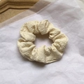 Elegant cream white ribbon bow scrunchie with soft pleated fabric texture for women - White Cream Scrunchie