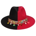 Bohemian wool felt wide brim fedora hat in red and black patchwork with shell charms - Black Red With Shells Tassels