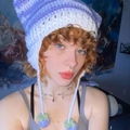 Handmade crochet cat ear beanie with purple and white striped knit and pom-poms - Adult 56-59cm / Blue & White