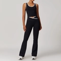Black high-waisted yoga set with contrast trim racerback top and flared fitness pants - S / Top And Bottom / Premium Black (Top+Flared Pants)