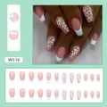Press-on nails with mint green gradient, white leaf art, and champagne glitter accents - Green Nature (W516)
