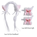 Lace cat ear headband and bell wristbands with pink bows for cosplay costumes - White Lace Cat Ears + Lace Bell Wristbands