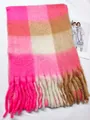 Soft checkered plaid scarf in bright pink and orange colors with thick fringe tassels - AC Bright Pink Plaid