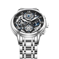 LIGE men's quartz watch with silver steel band, black skeleton dial and moon phase - Silver Black White