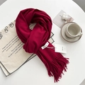 Deep red soft knit cashmere-feel scarf with elegant fringe details and minimalist tag - Wine Red