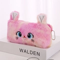 Pink plush cat pencil case with blue embroidered eyes and fuzzy ears for students - Rose Gold Rainbow