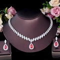 Elegant bridal jewelry set with silver necklace and red pear-shaped zircon earrings - Stud Pin Style / Red
