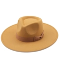 Classico cappello fedora in lana giallo senape a tesa larga con un fiocco marrone scuro - M (56-58cm) / Giallo Senape Con Fiocco in Nastro (01)