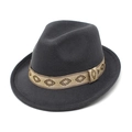 Detail of dark grey wool fedora hat featuring a champagne patterned decorative ribbon - M (56-58cm) / Dark Gray