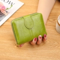 Compact fruit green women's short wallet in soft PU leather with gold zip and buckle - Grass Green