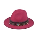 Deep pink wool felt wide brim fedora hat with bohemian beaded turquoise band - Deep Pink (08)