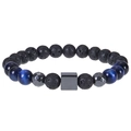 Men's 8mm blue tiger eye and black lava stone beaded bracelet with square metal accent - Blue Tiger Eye Bracelet