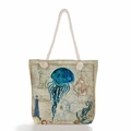 Gros plan sur le sac de plage en toile avec motif méduse bleue et poignées en corde - Carte de Navigation Méduse (ms4534b)