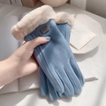 Light blue faux suede thermal winter gloves with beige faux fur trim and touch screen feature - One Size / Blue Fleece Trim