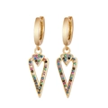 Close-up of bohemian gold-plated drop earrings featuring vibrant rainbow micro-zirconia - Style 21 (V Dangle)