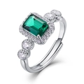 Adjustable S925 silver ring featuring emerald cut green gemstone and zircon accents - Rectangular 5*7MM